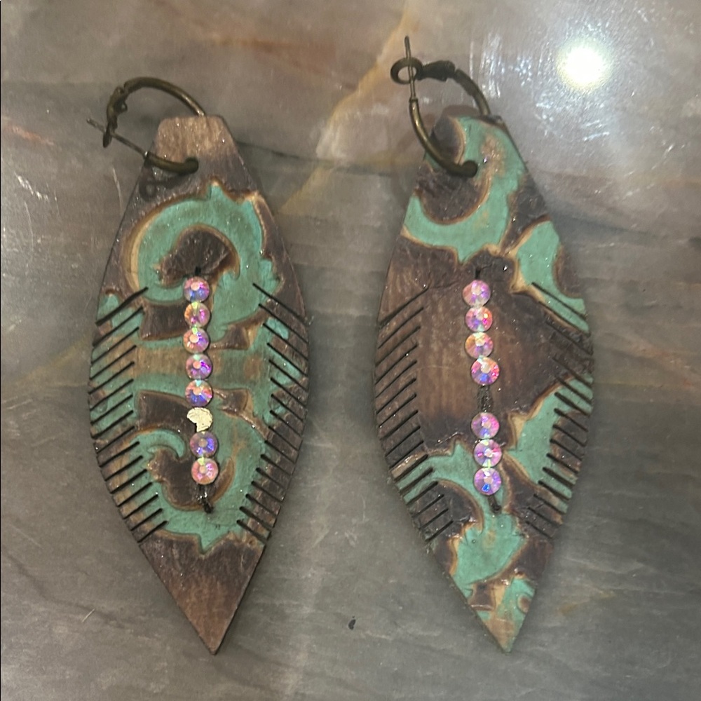 Double J Saddlery Handcrafted Leather Earrings with Turquoise and Pink Accents